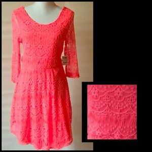 Coral lace dress, 3/4 sleeves (lined)